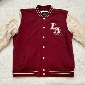 Hollister Men's Burgundy and Cream Varsity Jacket